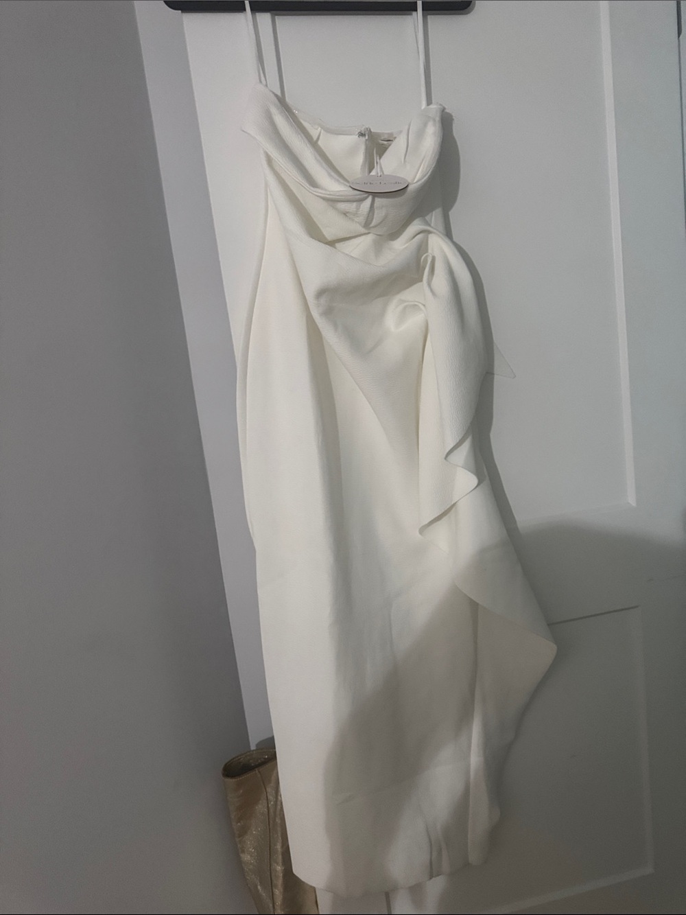 Selfie Leslie Ivory Strapless Draped Ruffle Bodycon Midi Dress